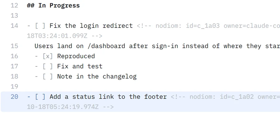 The Markdown behind a board, with the line an agent just edited highlighted